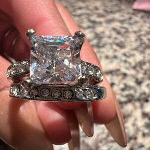 Silver Clear CZ Princess Cut Engagement Ring Set #11